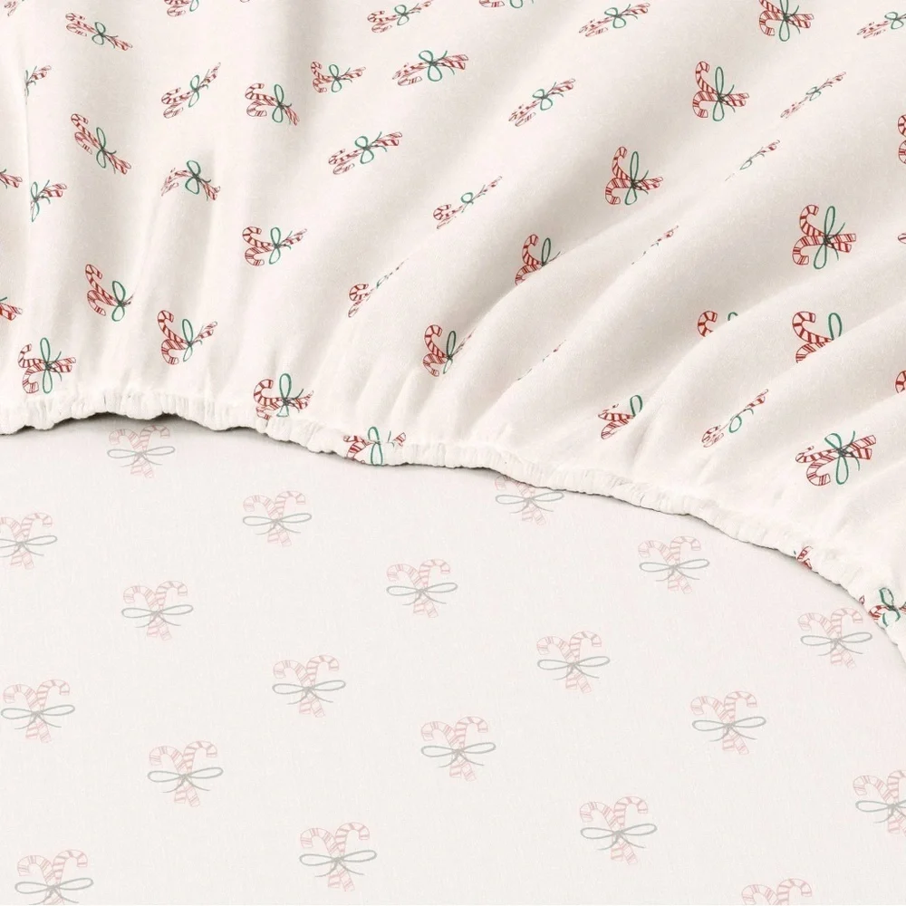 Candy Cane Print Christmas Cotton Sateen Cream Queen Bedding Set